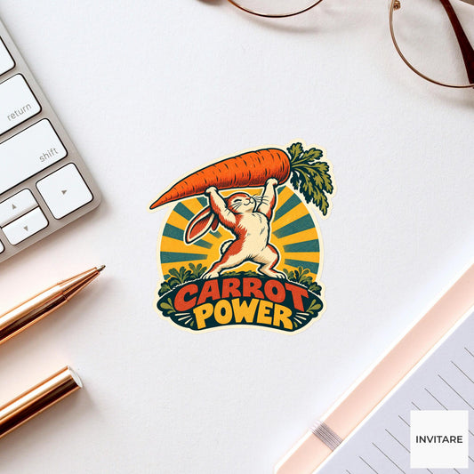 Carrot Champion Rabbit Vinyl Sticker, Funny Retro Poster for Journals and Laptops