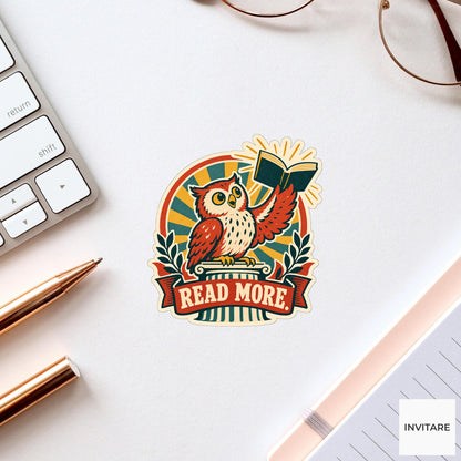 Reading Owl Vinyl Sticker, Funny Retro Poster for Journals and Laptops