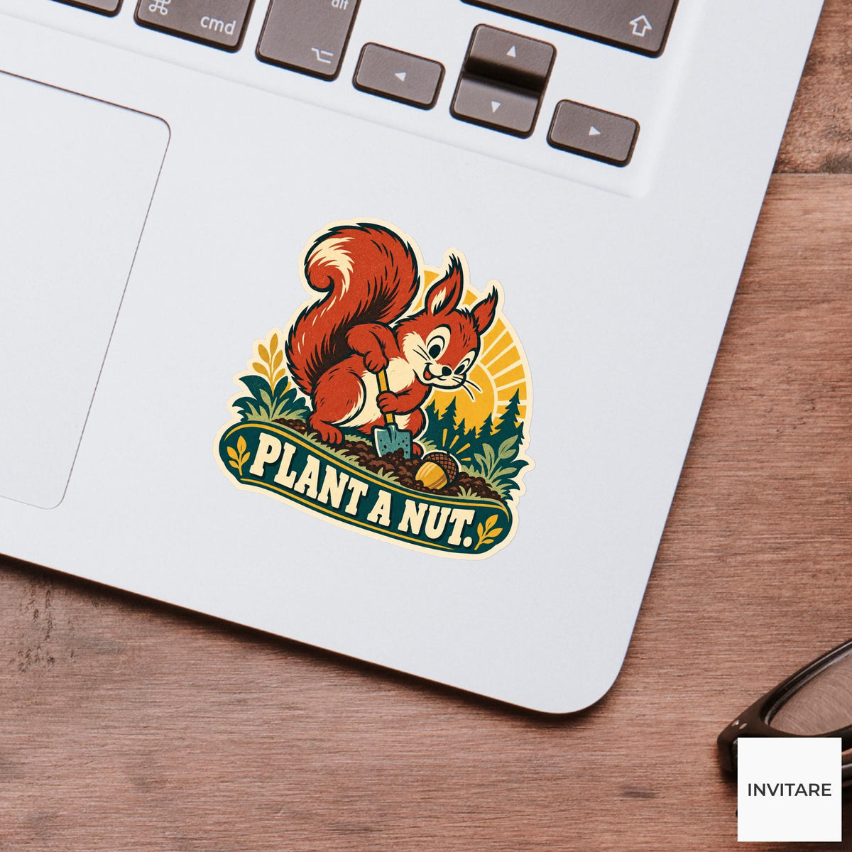 Acorn Planting Squirrel Vinyl Sticker, Funny Retro Poster for Journals and Laptops