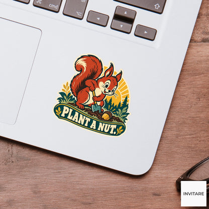 Acorn Planting Squirrel Vinyl Sticker, Funny Retro Poster for Journals and Laptops