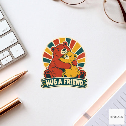 Bear Hug Vinyl Sticker, Funny Retro Poster for Journals and Laptops