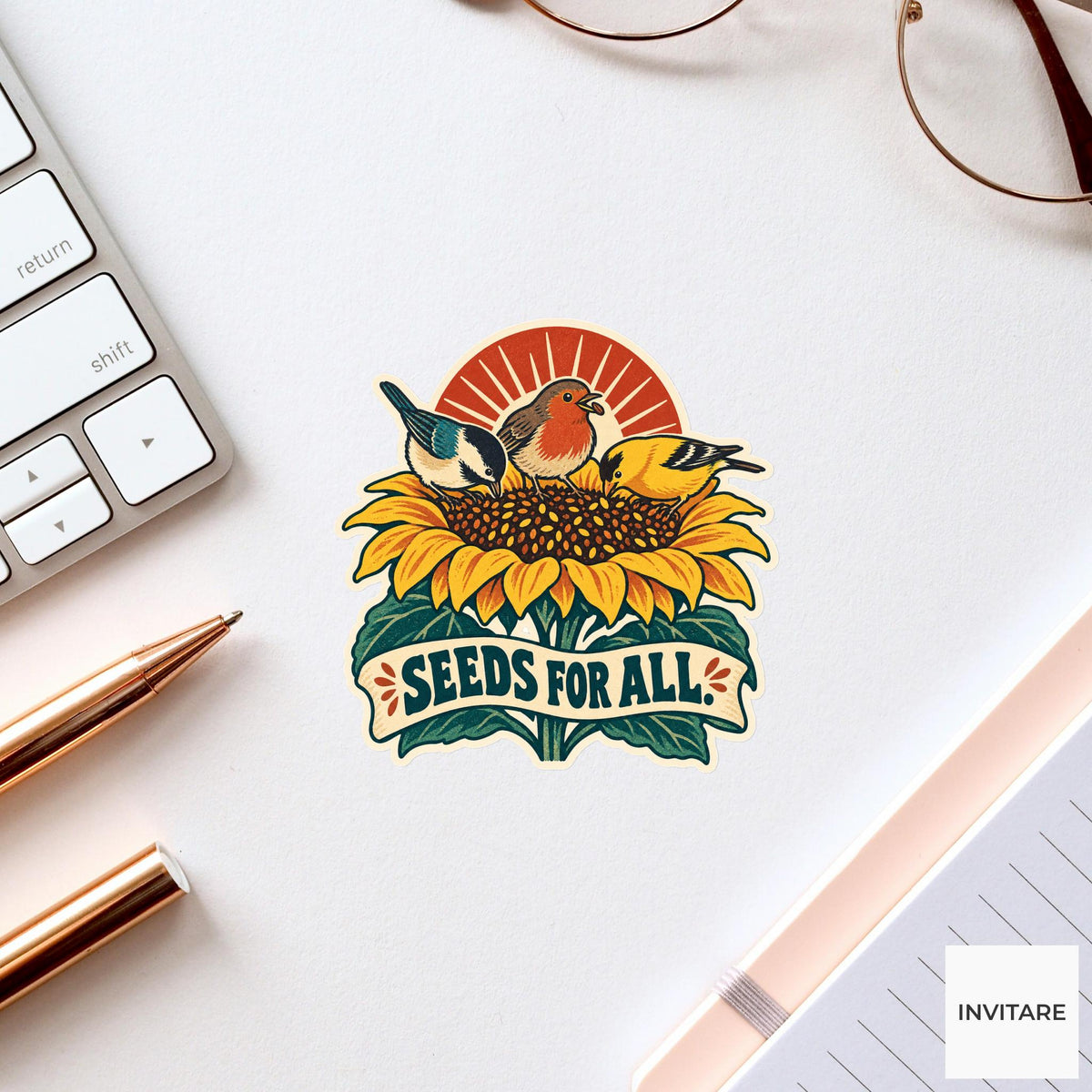 Sharing Birds Vinyl Sticker, Funny Retro Poster for Journals and Laptops