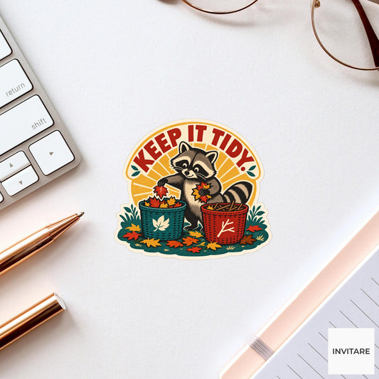 Organized Raccoon Vinyl Sticker, Funny Retro Poster for Journals and Laptops