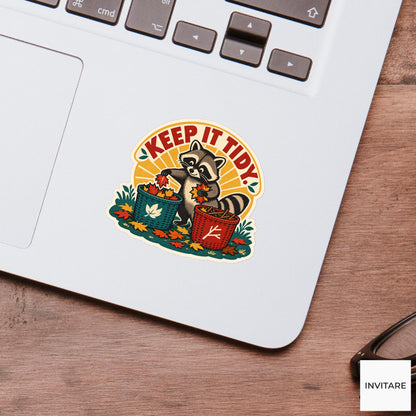Organized Raccoon Vinyl Sticker, Funny Retro Poster for Journals and Laptops