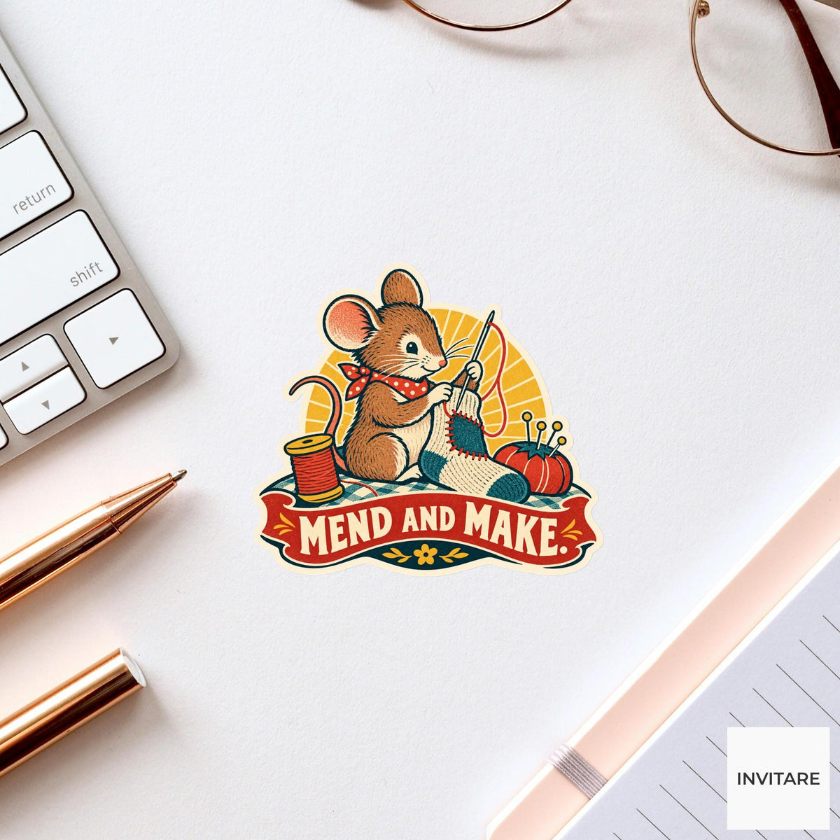 Sock Repair Mouse Vinyl Sticker, Funny Retro Poster for Journals and Laptops