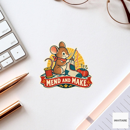 Sock Repair Mouse Vinyl Sticker, Funny Retro Poster for Journals and Laptops