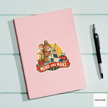 Sock Repair Mouse Vinyl Sticker, Funny Retro Poster for Journals and Laptops