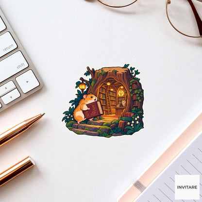 Library Hamster Vinyl Sticker, Animal Adventure for Journals and Laptops