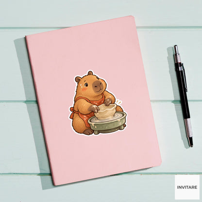 Capybara Pottery Wheel Vinyl Sticker, Cute Animal Making a Wonky Bowl, Ceramic Artist Gift
