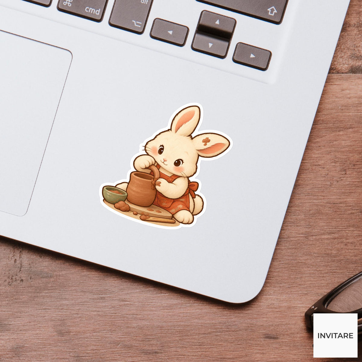 Rabbit Attaching a Clay Mug Handle Vinyl Sticker, Pottery Class Animal