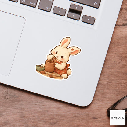 Rabbit Attaching a Clay Mug Handle Vinyl Sticker, Pottery Class Animal
