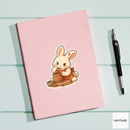 Rabbit Attaching a Clay Mug Handle Vinyl Sticker, Pottery Class Animal