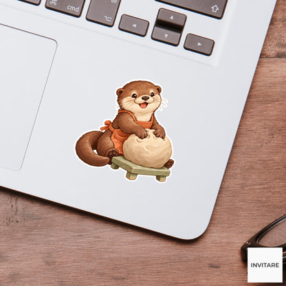 Otter Kneading a Big Clay Ball Vinyl Sticker, Pottery Class Animal