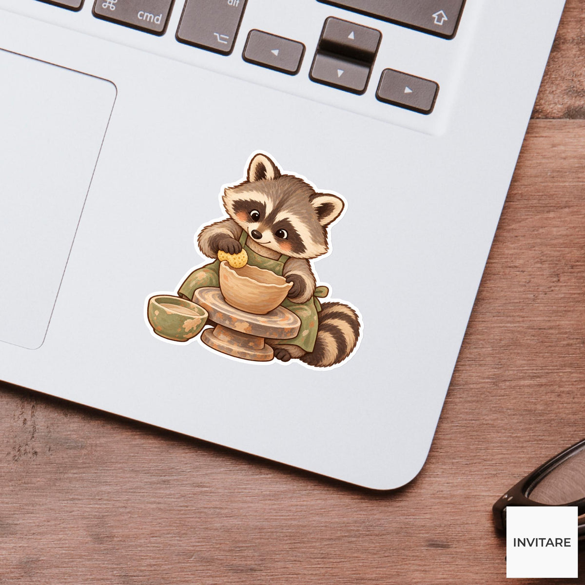 Raccoon Smoothing a Bowl with a Sponge Vinyl Sticker, Pottery Class Animal