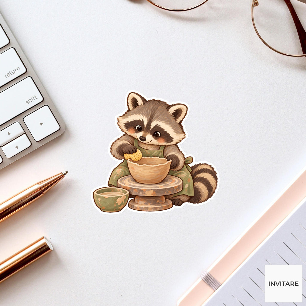 Raccoon Smoothing a Bowl with a Sponge Vinyl Sticker, Pottery Class Animal