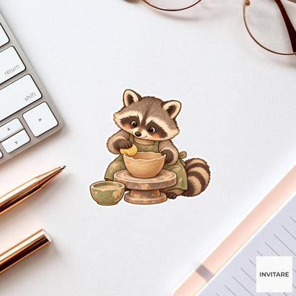 Raccoon Smoothing a Bowl with a Sponge Vinyl Sticker, Pottery Class Animal