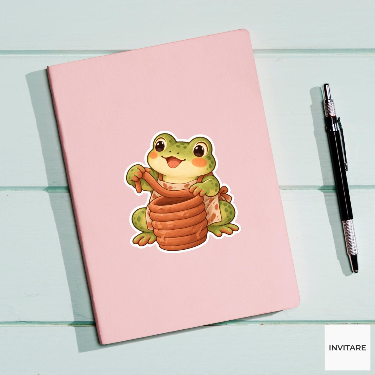 Frog Building a Coil Clay Planter Vinyl Sticker, Pottery Class Animal