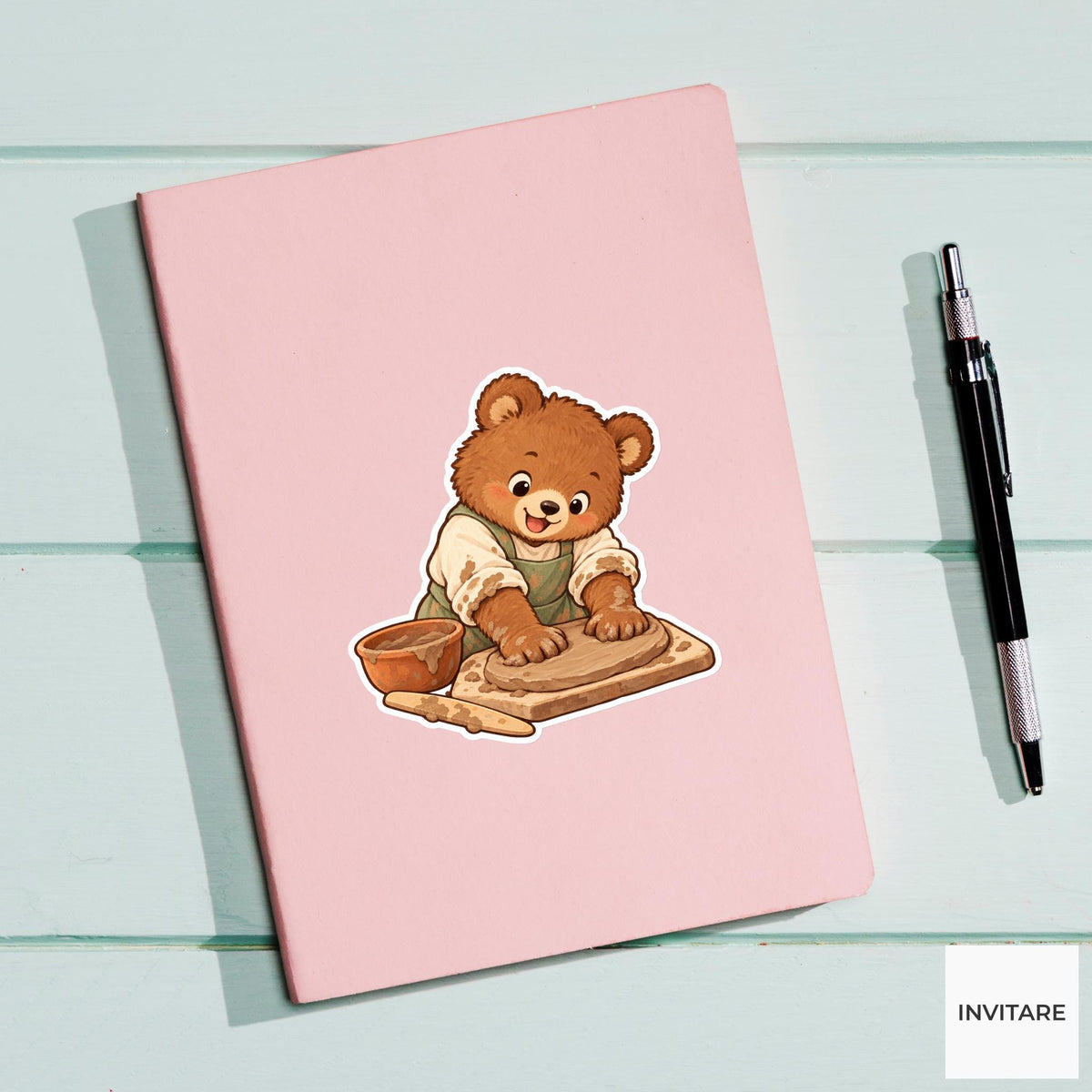 Bear cub Flattening a Clay Slab Vinyl Sticker, Pottery Class Animal
