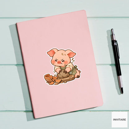 Piglet Starting Over with a Collapsed Bowl Vinyl Sticker, Pottery Class Animal