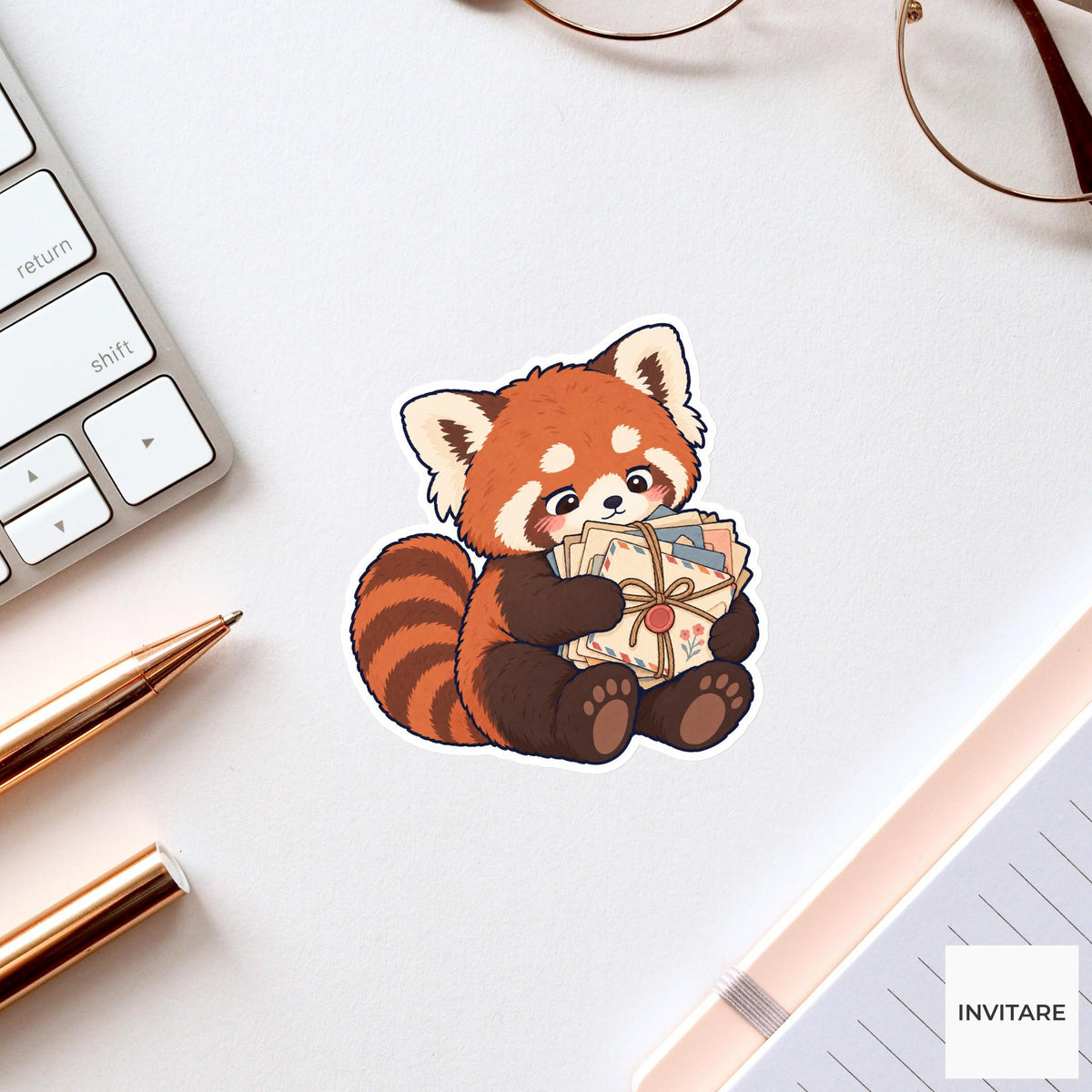 Red panda Hugging a Bundle of Old Letters Vinyl Sticker, Pen Pal Club Animal