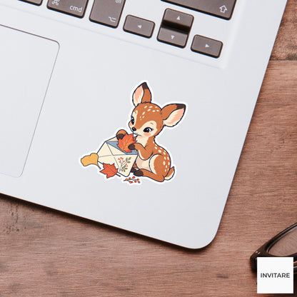 Deer fawn Adding a Pressed Autumn Leaf Vinyl Sticker, Pen Pal Club Animal