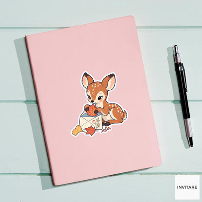 Deer fawn Adding a Pressed Autumn Leaf Vinyl Sticker, Pen Pal Club Animal