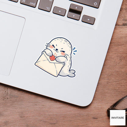 Seal pup Sealing a Stuffed Envelope Vinyl Sticker, Pen Pal Club Animal