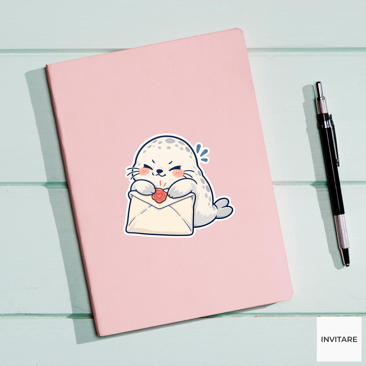 Seal pup Sealing a Stuffed Envelope Vinyl Sticker, Pen Pal Club Animal