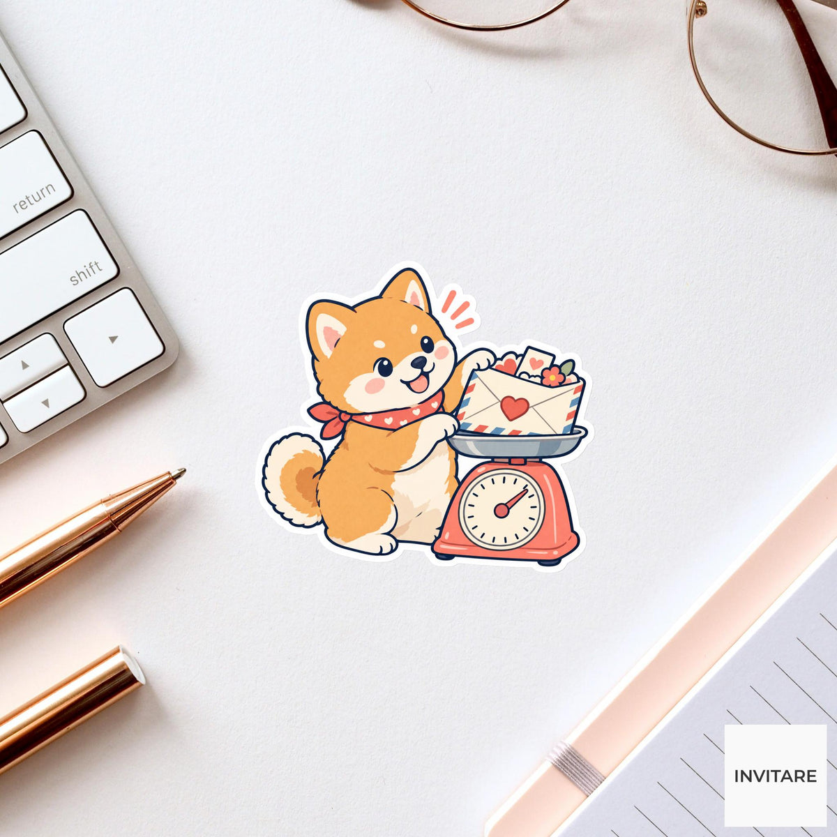 Shiba puppy Weighing a Little Letter Vinyl Sticker, Pen Pal Club Animal