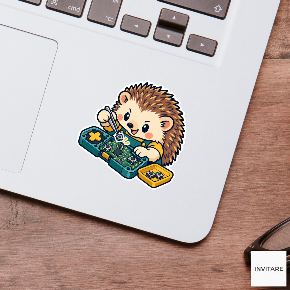Hedgehog Fitting a Loose Button Vinyl Sticker, Little Electronics Workshop