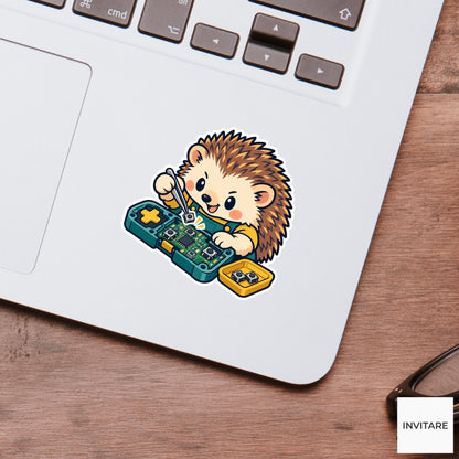 Hedgehog Fitting a Loose Button Vinyl Sticker, Little Electronics Workshop