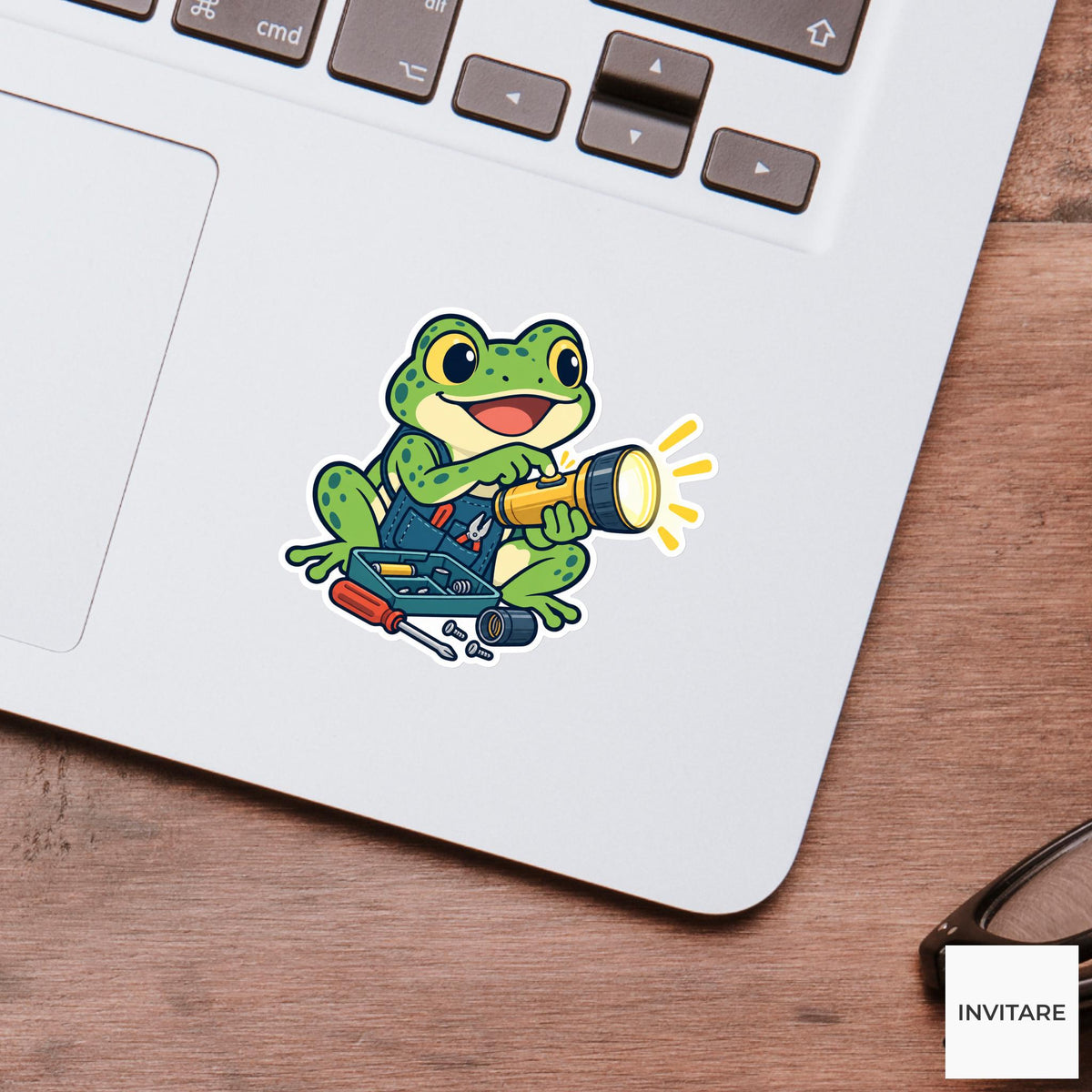 Frog Testing a Repaired Flashlight Vinyl Sticker, Little Electronics Workshop