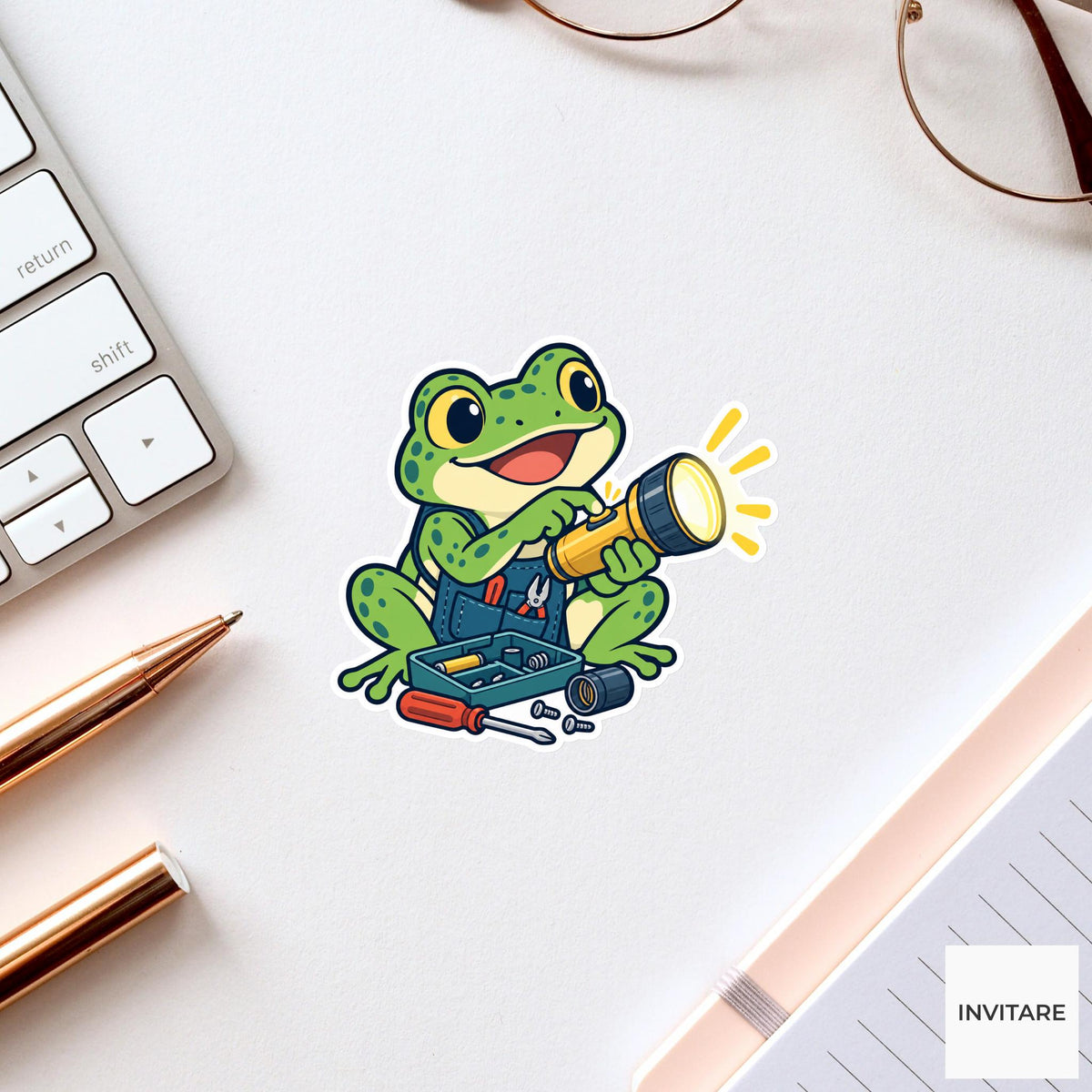 Frog Testing a Repaired Flashlight Vinyl Sticker, Little Electronics Workshop