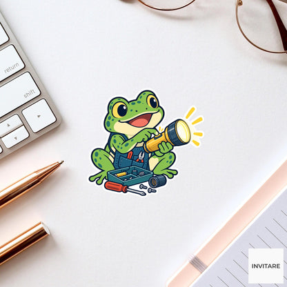 Frog Testing a Repaired Flashlight Vinyl Sticker, Little Electronics Workshop