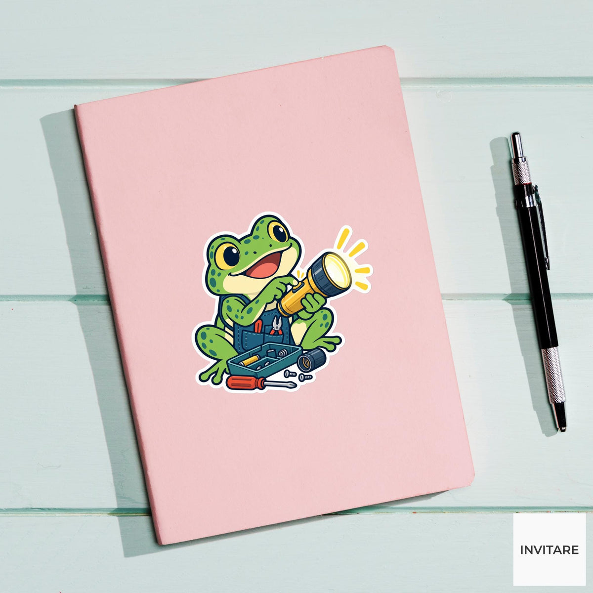 Frog Testing a Repaired Flashlight Vinyl Sticker, Little Electronics Workshop
