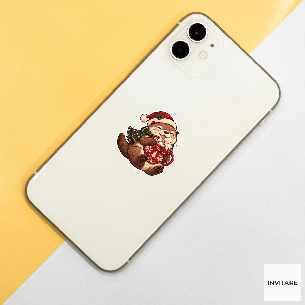 Otter Warming Paws on a Cocoa Mug Vinyl Sticker, Christmas Cocoa Shop