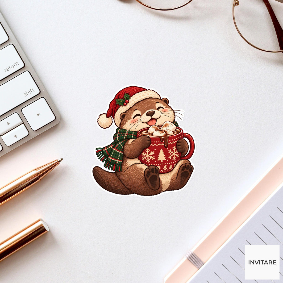 Otter Warming Paws on a Cocoa Mug Vinyl Sticker, Christmas Cocoa Shop