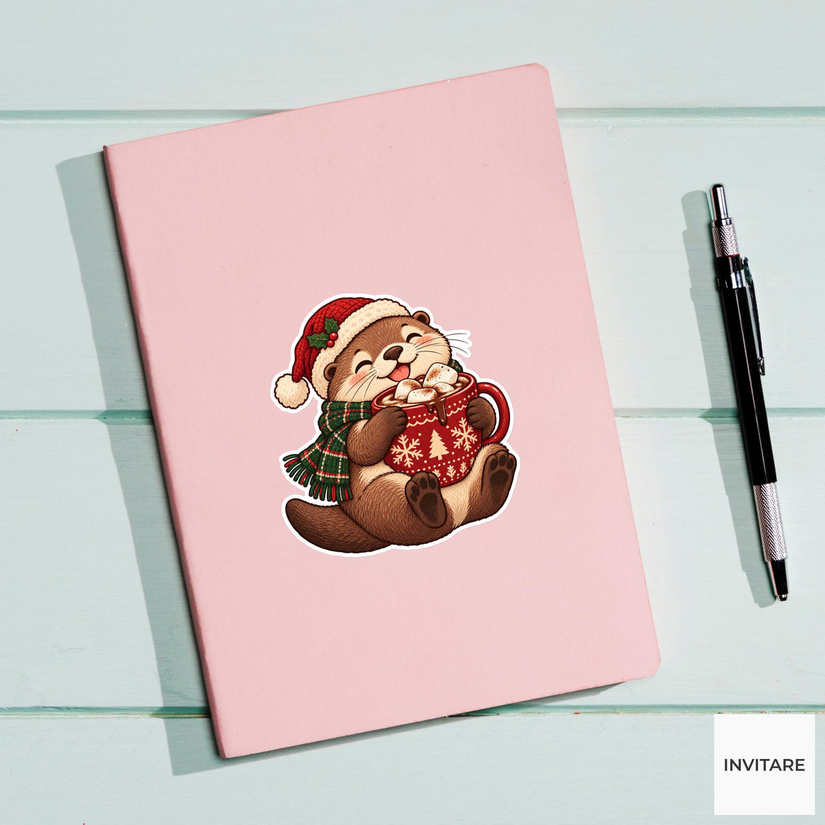 Otter Warming Paws on a Cocoa Mug Vinyl Sticker, Christmas Cocoa Shop