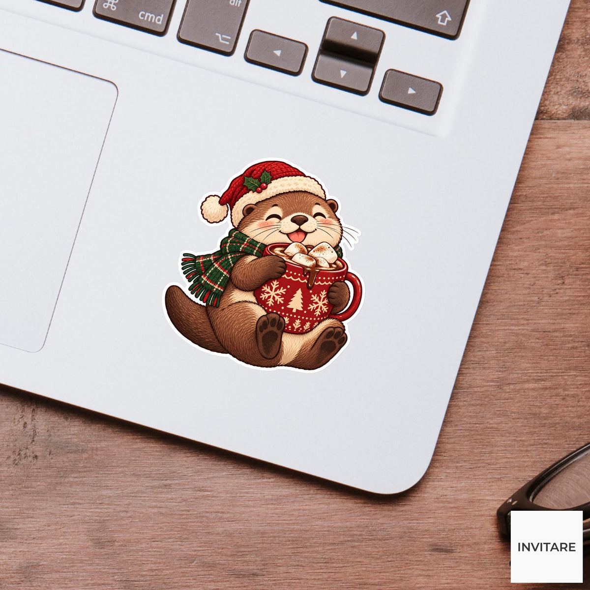 Otter Warming Paws on a Cocoa Mug Vinyl Sticker, Christmas Cocoa Shop