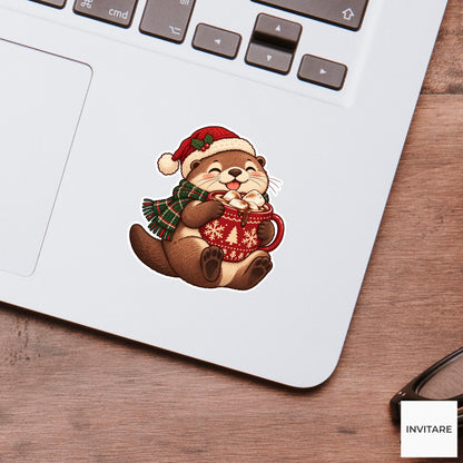 Otter Warming Paws on a Cocoa Mug Vinyl Sticker, Christmas Cocoa Shop