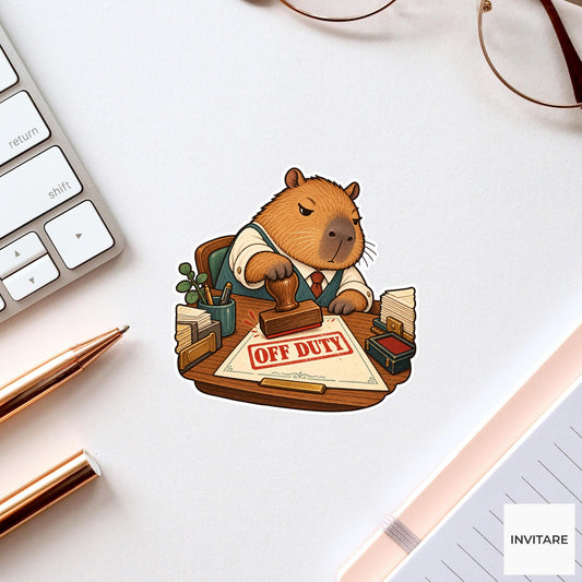 Capybara Off Duty Clerk Vinyl Sticker, Funny Animal Stamping Permit, Office Humor Gift