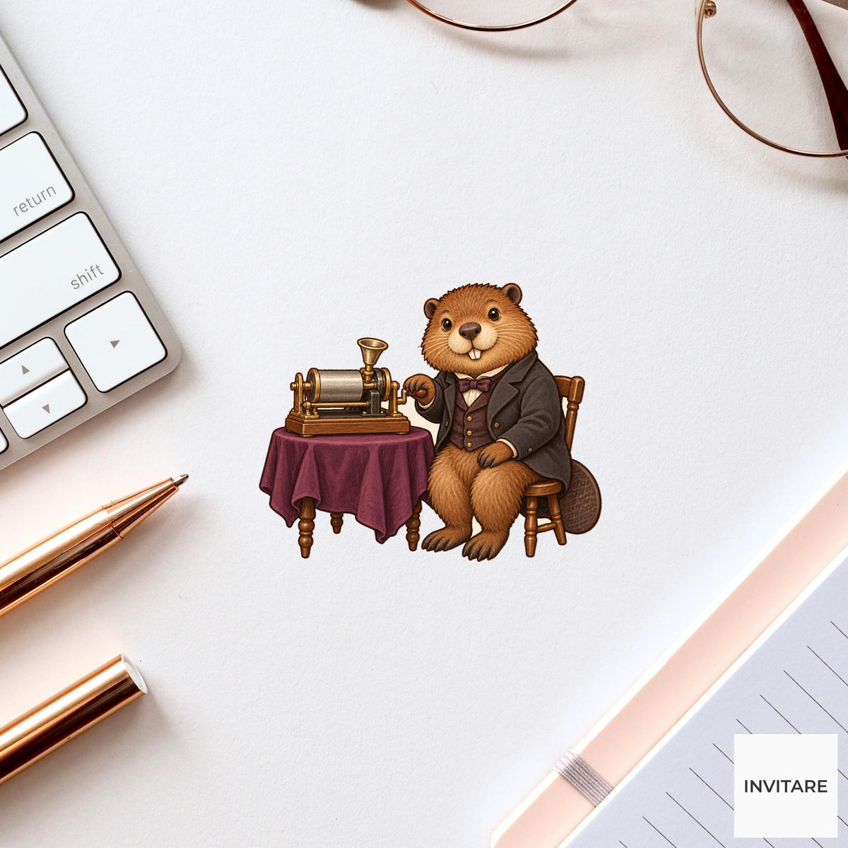 Edison Beaver Vinyl Sticker, Vintage Animal Portrait, Hand Drawn History Lover Gift