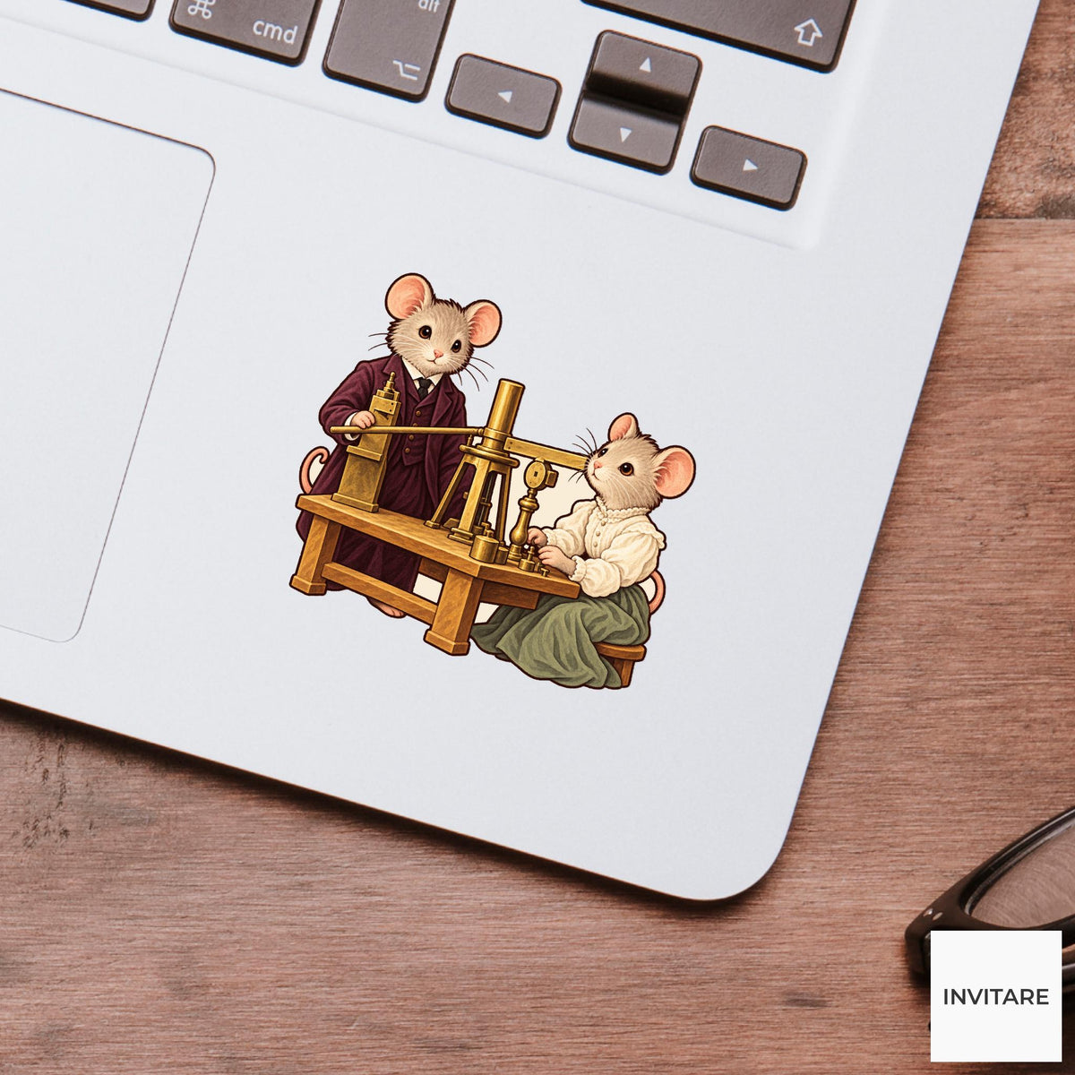 Curie Mouse Pair Vinyl Sticker, Vintage Animal Portrait, Hand Drawn History Lover Gift