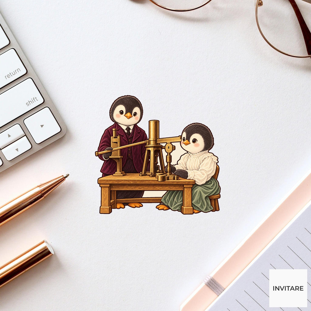 Curie Penguin Pair Vinyl Sticker, Vintage Animal Portrait, Hand Drawn History Lover Gift