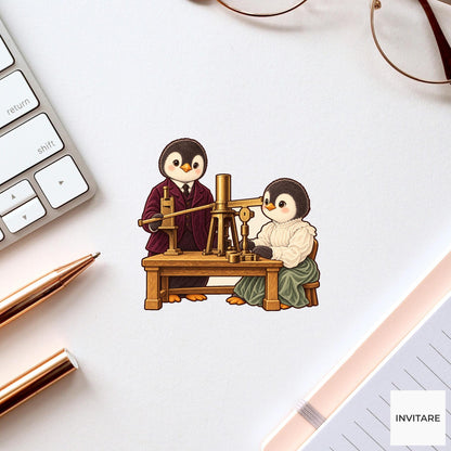 Curie Penguin Pair Vinyl Sticker, Vintage Animal Portrait, Hand Drawn History Lover Gift