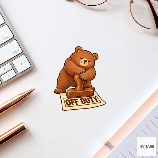 Bear Off Duty Clerk Vinyl Sticker, Funny Animal Stamping Permit, Office Humor Gift