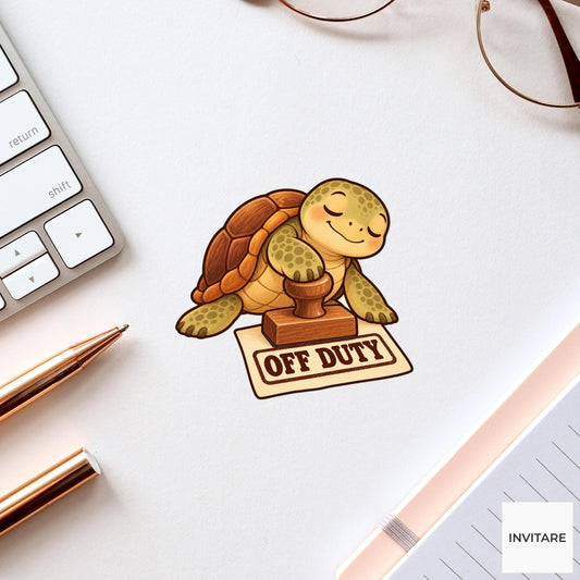 Turtle Off Duty Clerk Vinyl Sticker, Funny Animal Stamping Permit, Office Humor Gift