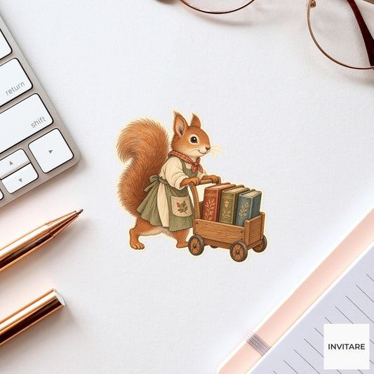Squirrel Rolling Book Cart Vinyl Sticker, Bookish Animal Art for Journals and Laptops