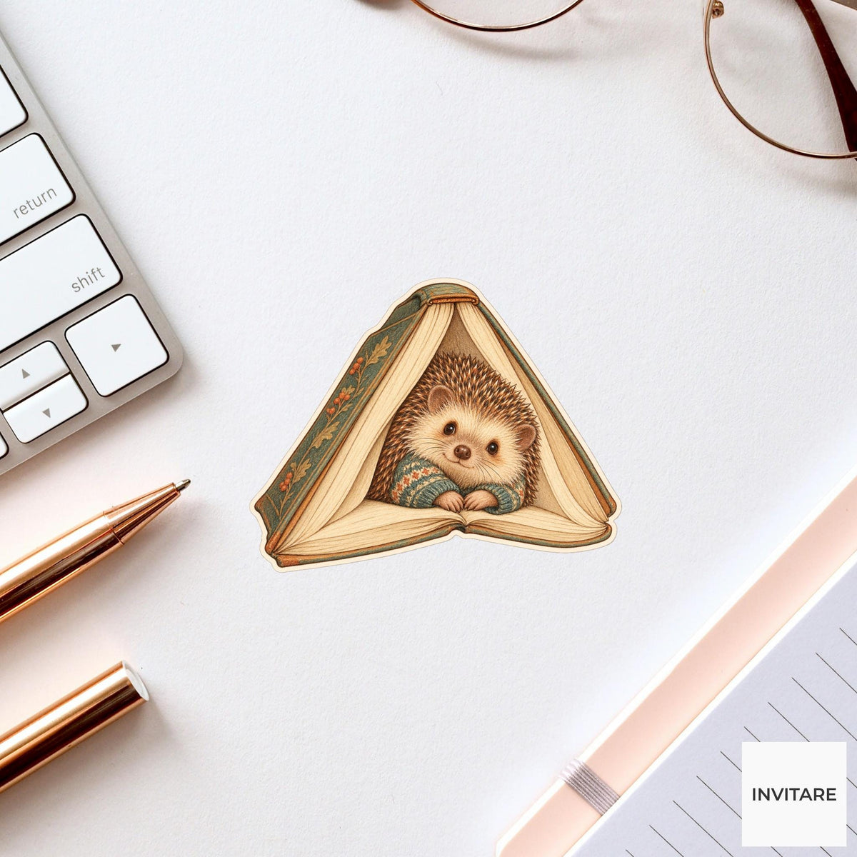 Hedgehog Cozy Book Tent Vinyl Sticker, Bookish Animal Art for Journals and Laptops