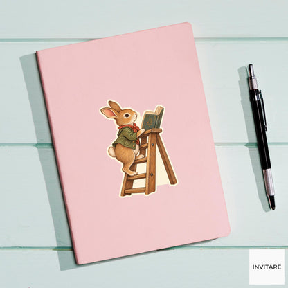 Rabbit Library Ladder Reader Vinyl Sticker, Bookish Animal Art for Journals and Laptops